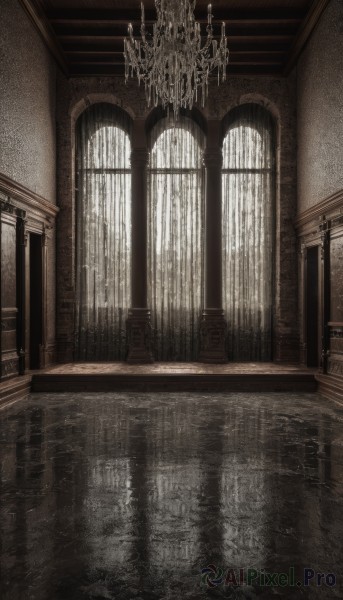 monochrome,indoors,water,no humans,window,sunlight,scenery,reflection,stairs,candle,architecture,pillar,hallway,church,arch,candlestand,reflective floor,chandelier,column,wooden floor,door,ceiling