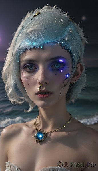 1girl,solo,breasts,looking at viewer,short hair,blue eyes,dress,cleavage,bare shoulders,jewelry,medium breasts,collarbone,upper body,white hair,earrings,small breasts,parted lips,teeth,water,necklace,mole,blurry,lips,eyelashes,strapless,makeup,depth of field,blurry background,glowing,ocean,piercing,gem,ear piercing,portrait,strapless dress,eyeshadow,freckles,realistic,nose,mascara,hair ornament,blue hair,night,beach,nose piercing,lip piercing