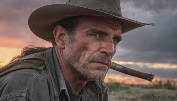 solo,looking at viewer,shirt,black hair,1boy,hat,closed mouth,jacket,upper body,ponytail,weapon,male focus,outdoors,sky,collared shirt,cloud,blurry,black eyes,gun,blurry background,facial hair,cloudy sky,portrait,beard,realistic,grey jacket,stubble,cowboy hat,long hair,brown hair,frown,sunset,serious,mustache,manly,field,grey sky