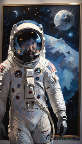 solo,looking at viewer,black hair,gloves,1boy,male focus,cowboy shot,sky,star (symbol),blood,facial hair,moon,helmet,star (sky),beard,reflection,science fiction,mountain,realistic,mustache,space,planet,earth (planet),american flag,spacesuit,japanese flag,space helmet,astronaut,blue eyes,brown eyes