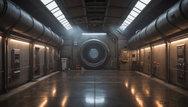 indoors,no humans,window,sunlight,scenery,reflection,science fiction,door,light,cable,hallway,industrial pipe,train station,washing machine,wooden floor,tiles,tile floor,speaker,ceiling,ceiling light,reflective floor