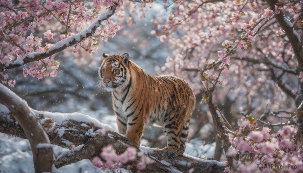 outdoors, blurry, tree, no humans, depth of field, animal, cherry blossoms, scenery, snow, branch, chinese zodiac, animal focus, tiger, year of the tiger, spring (season)