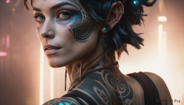 1girl,solo,looking at viewer,short hair,black hair,bare shoulders,brown eyes,jewelry,earrings,parted lips,looking back,dark skin,necklace,from behind,dark-skinned female,lips,tattoo,makeup,facial mark,piercing,tank top,ear piercing,portrait,freckles,realistic,nose,facepaint,facial tattoo,neck tattoo,nose piercing,green eyes,blue hair,yellow eyes,eyelashes,close-up,mascara,cyberpunk,back tattoo