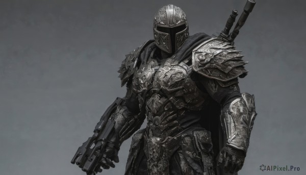 solo,simple background,1boy,holding,standing,monochrome,weapon,male focus,cowboy shot,sword,grey background,cape,holding weapon,armor,gradient,gun,gradient background,helmet,shoulder armor,gauntlets,holding gun,rifle,1other,pauldrons,breastplate,vambraces,assault rifle,knight,weapon on back,full armor,ambiguous gender,helm,gloves,clenched hand,bullpup