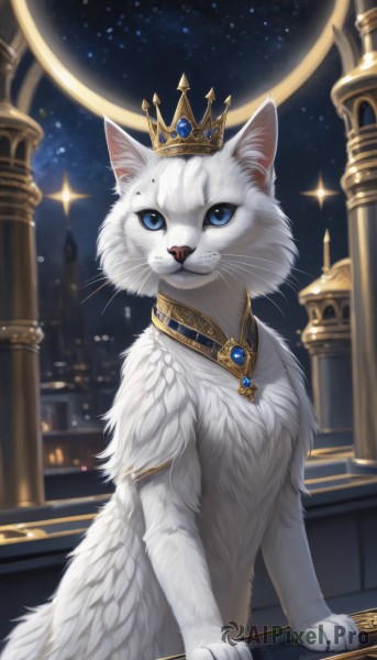 looking at viewer,blue eyes,jewelry,closed mouth,sky,blurry,no humans,sparkle,night,animal,cat,crown,gem,star (sky),night sky,starry sky,animal focus,white fur,whiskers,blue gemstone,red gemstone,white cat,solo,necklace,pillar