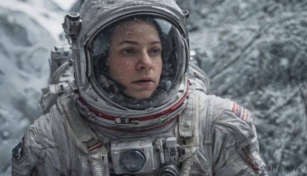 1girl,solo,blue eyes,black hair,upper body,blurry,tree,lips,looking to the side,depth of field,blurry background,backpack,helmet,portrait,snow,snowing,realistic,winter,american flag,spacesuit,astronaut,brown eyes,outdoors,parted lips,looking away,reflection,looking afar