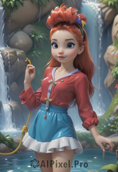 1girl,solo,long hair,breasts,looking at viewer,blush,smile,open mouth,blue eyes,skirt,shirt,hair ornament,long sleeves,holding,standing,collarbone,flower,red hair,cowboy shot,hairband,small breasts,outdoors,parted lips,day,hair flower,water,orange hair,lips,blue skirt,wet,plant,red shirt,nature,wading,freckles,rock,key,waterfall,hand up,fingernails,leaf,single hair bun