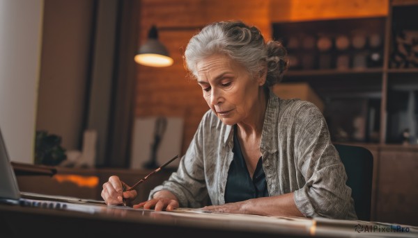 1girl,solo,holding,sitting,closed mouth,closed eyes,upper body,white hair,grey hair,indoors,hair bun,blurry,depth of field,blurry background,chair,table,single hair bun,realistic,nose,pen,old,old man,holding pen,writing,old woman,wrinkled skin,smile,short hair,shirt,jacket,glasses,lips,cardigan,instrument,lamp,computer,laptop