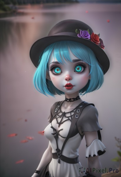 1girl,solo,breasts,looking at viewer,short hair,bangs,blue eyes,hat,dress,closed mouth,green eyes,blue hair,collarbone,upper body,flower,short sleeves,small breasts,choker,artist name,white dress,blurry,aqua eyes,lips,see-through,eyelashes,black headwear,aqua hair,makeup,depth of field,blurry background,rose,lipstick,red flower,pale skin,eyeshadow,red rose,nose,purple flower,arms at sides,hat flower,red lips,mascara,blush,shirt,ribbon,medium breasts,standing,parted lips,detached sleeves,teeth,belt,signature,petals,leaf,watermark,black choker,thick eyebrows,hat ribbon,web address,buckle,freckles,pink lips,eyeliner