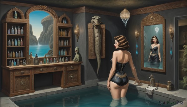 1girl,solo,breasts,short hair,brown hair,bare shoulders,swimsuit,closed eyes,ass,indoors,water,from behind,lips,strapless,makeup,drill hair,bottle,lipstick,corset,wading,partially submerged,reflection,mirror,vase,statue,bustier,painting (object),black hair,jewelry,medium breasts,standing,nail polish,book,window,back,plant,scenery,frog,lamp,candle