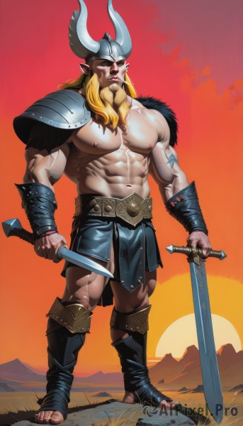 solo,long hair,looking at viewer,blonde hair,1boy,navel,holding,nipples,standing,full body,weapon,male focus,outdoors,horns,pointy ears,sword,stomach,holding weapon,armor,tattoo,muscular,facial hair,scar,holding sword,piercing,abs,helmet,pectorals,muscular male,shoulder armor,gauntlets,bara,pelvic curtain,beard,large pectorals,dual wielding,veins,pauldrons,topless male,sunset,mature male,sun,vambraces,fake horns,manly,bare pectorals,loincloth,navel hair,thick arms,horned helmet,arm tattoo,leather,planted