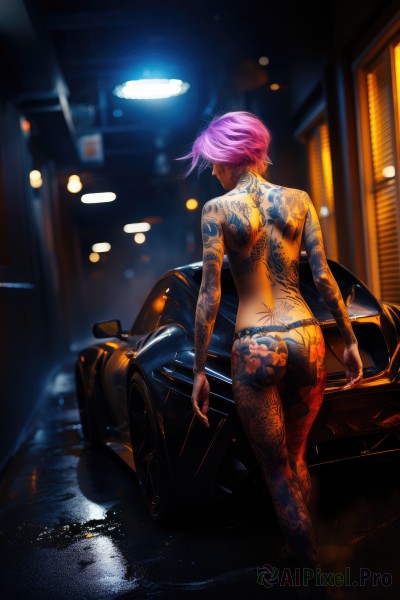 1girl,solo,short hair,jewelry,underwear,standing,panties,pink hair,ass,earrings,outdoors,from behind,blurry,tattoo,night,depth of field,back,topless,piercing,underwear only,ground vehicle,motor vehicle,thong,car,road,arm tattoo,bikini bottom only,lamppost,street,leg tattoo,back tattoo,sports car,full-body tattoo,purple hair,tan,walking,kneepits,very short hair