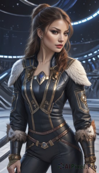 1girl,solo,long hair,breasts,looking at viewer,brown hair,long sleeves,brown eyes,jewelry,standing,collarbone,jacket,ponytail,cowboy shot,earrings,belt,pants,nail polish,lips,fur trim,bodysuit,makeup,black pants,lipstick,contrapposto,realistic,nose,red lips,leather,medium breasts,black nails