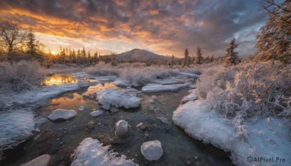 outdoors,sky,cloud,water,tree,no humans,cloudy sky,grass,nature,scenery,snow,forest,reflection,sunset,rock,mountain,winter,bare tree,river,evening,landscape,mountainous horizon,orange sky,pine tree,ice,snowing