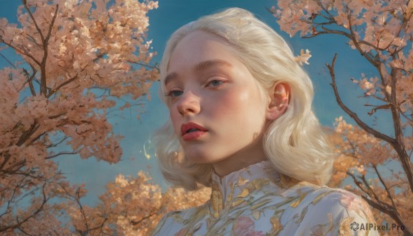 1girl,solo,looking at viewer,short hair,blue eyes,blonde hair,shirt,white shirt,upper body,white hair,outdoors,parted lips,sky,teeth,day,medium hair,tree,blue sky,lips,floral print,cherry blossoms,portrait,freckles,realistic,nose,red lips,long hair,from below,hair behind ear,autumn leaves,autumn