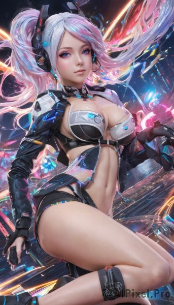 1girl,solo,long hair,breasts,looking at viewer,bangs,blue eyes,large breasts,gloves,long sleeves,navel,cleavage,twintails,medium breasts,ponytail,pink hair,white hair,thighs,multicolored hair,parted lips,open clothes,shorts,black gloves,midriff,artist name,high heels,lips,short shorts,headgear,headphones,revealing clothes,science fiction,partially fingerless gloves,nose,jacket,headset,realistic