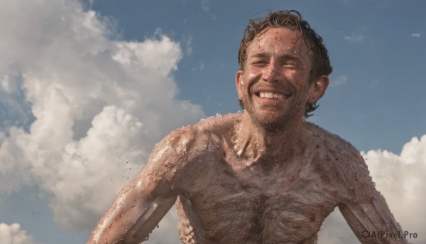 solo,smile,black hair,1boy,jewelry,closed eyes,upper body,male focus,earrings,outdoors,sky,teeth,day,cloud,grin,blue sky,wet,facial hair,cloudy sky,facing viewer,topless male,realistic,dirty,chest hair,short hair,nude,^ ^,arm hair