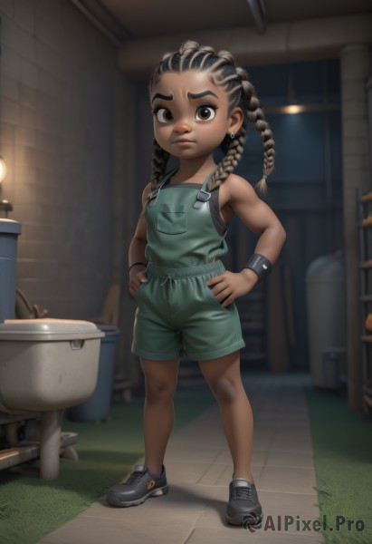 1girl,solo,long hair,looking at viewer,black hair,brown eyes,jewelry,closed mouth,standing,full body,braid,earrings,shoes,shorts,indoors,dark skin,black footwear,twin braids,flat chest,bracelet,dark-skinned female,lips,tank top,wristband,sneakers,child,hands on hips,hands in pockets,female child,overalls,very dark skin,brown hair,shirt,bare shoulders,twintails,artist name,night,thick eyebrows,grass,aged down,forehead,dirty,green shorts,no socks,dirty face,dreadlocks,dirty clothes,overall shorts