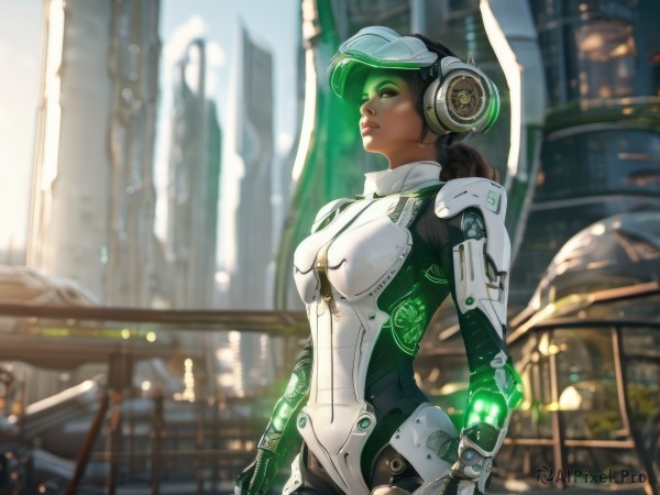 1girl,solo,long hair,breasts,brown hair,black hair,medium breasts,closed eyes,ponytail,outdoors,dark skin,armor,blurry,dark-skinned female,lips,bodysuit,makeup,blurry background,glowing,headphones,helmet,building,science fiction,city,nose,arms at sides,cyborg,power armor,neon trim,standing,braid,cowboy shot,small breasts,parted lips,green hair,from side,single braid,profile,depth of field,lipstick,backlighting,visor cap,cityscape,skyscraper