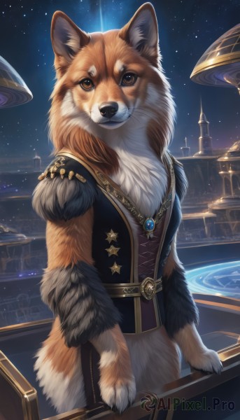 solo,looking at viewer,brown eyes,jewelry,standing,outdoors,sky,belt,necklace,star (symbol),vest,no humans,night,animal,brooch,building,gem,star (sky),night sky,furry,pendant,starry sky,dog,fantasy,animal focus