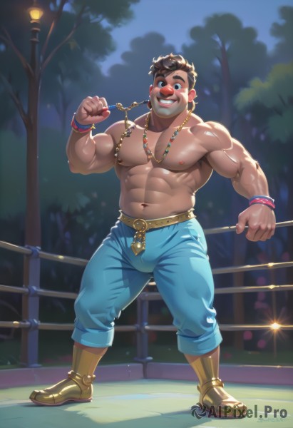 solo,looking at viewer,blush,smile,short hair,open mouth,blue eyes,brown hair,1boy,navel,jewelry,nipples,full body,male focus,thighs,boots,outdoors,teeth,belt,pants,artist name,necklace,stomach,bracelet,tree,muscular,night,facial hair,thick thighs,abs,thick eyebrows,pectorals,muscular male,night sky,bara,large pectorals,bulge,topless male,blue pants,lamppost,biceps,thick arms,park,standing,sky,wristband,veins,pointing at self,wrestling outfit,flexing