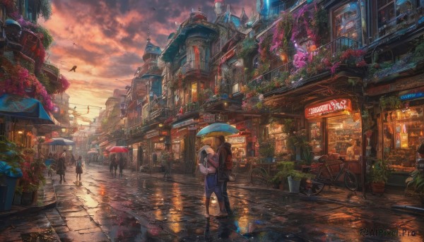 multiple girls, holding, flower, outdoors, multiple boys, sky, cloud, bag, dutch angle, window, bird, animal, umbrella, cat, backpack, cloudy sky, plant, ground vehicle, building, scenery, motor vehicle, walking, rain, sunset, lantern, city, sign, potted plant, road, cityscape, power lines, lamppost, street, twilight, bicycle, puddle, shop, town, pavement, storefront