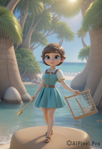 1girl,solo,looking at viewer,smile,short hair,bangs,brown hair,shirt,dress,holding,brown eyes,jewelry,standing,full body,white shirt,braid,short sleeves,hairband,earrings,outdoors,sky,day,belt,water,blurry,tree,blue sky,puffy short sleeves,depth of field,blurry background,blue dress,ocean,beach,sandals,sunlight,child,walking,sand,palm tree,sun,basket,female child,shore,closed mouth,shoes,puffy sleeves,collared shirt,artist name,black footwear,lips,watermark,brown footwear,thick eyebrows,web address,rock,pinafore dress,watson cross,aqua dress