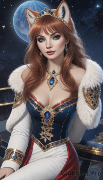 1girl,solo,long hair,breasts,looking at viewer,smile,blue eyes,large breasts,brown hair,long sleeves,dress,animal ears,cleavage,bare shoulders,jewelry,medium breasts,sitting,collarbone,earrings,sky,pants,cat ears,necklace,lips,fur trim,makeup,night,watermark,moon,tiara,crown,lipstick,gem,star (sky),night sky,starry sky,white pants,red lips,space,planet,earth (planet),blush,bangs,blue dress,freckles,realistic,nose,railing