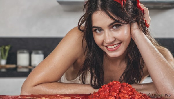 1girl,solo,long hair,looking at viewer,smile,brown hair,shirt,black hair,bare shoulders,brown eyes,white shirt,upper body,food,teeth,sleeveless,shiny,indoors,grin,blurry,black eyes,cup,lips,wet,depth of field,blurry background,table,tank top,freckles,hand in own hair,realistic,nose,red lips,hand on own head,white tank top,tomato,kitchen