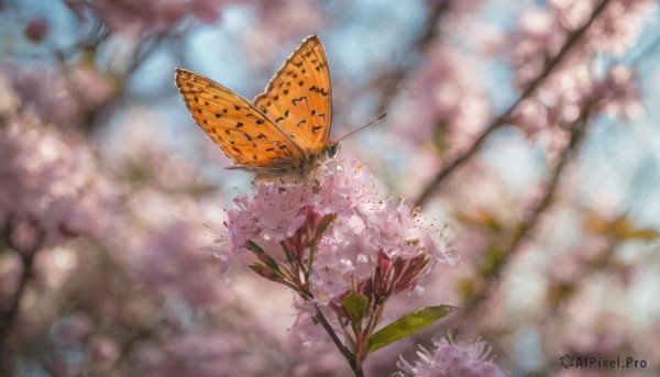 flower, outdoors, day, blurry, no humans, depth of field, blurry background, bug, cherry blossoms, butterfly, scenery, realistic, branch, spring (season)