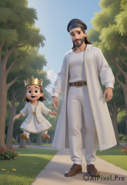 1girl,looking at viewer,smile,open mouth,multiple girls,brown hair,black hair,1boy,hat,2girls,full body,flower,outdoors,sky,day,belt,pants,black eyes,tree,blue sky,coat,facial hair,siblings,brown footwear,grass,crown,child,beard,white pants,mustache,female child,mother and daughter,father and daughter,long sleeves,dress,male focus,shoes