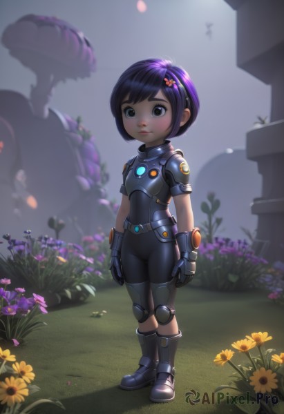 1girl,solo,short hair,black hair,hair ornament,gloves,brown eyes,closed mouth,standing,full body,purple hair,flower,short sleeves,boots,outdoors,hairclip,armor,blurry,black eyes,bodysuit,grass,bug,gauntlets,child,yellow flower,arms at sides,sunflower,female child,armored boots,knee pads,looking at viewer,blush,hair flower,lips