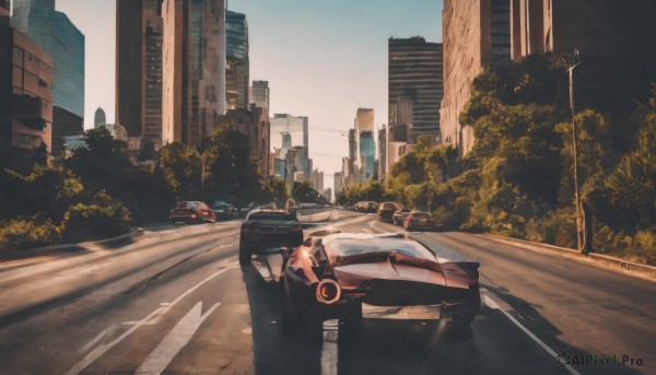 outdoors,sky,day,tree,no humans,shadow,ground vehicle,building,scenery,motor vehicle,city,car,road,bush,cityscape,vehicle focus,lamppost,street,skyscraper,utility pole,crosswalk,real world location,blue sky,sports car