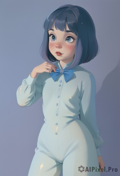 1girl,solo,blush,short hair,bangs,blue eyes,simple background,black hair,long sleeves,bow,blue hair,standing,cowboy shot,parted lips,teeth,hand up,blunt bangs,bowtie,medium hair,lips,makeup,blue background,blue bow,bob cut,lipstick,arm at side,contrapposto,pajamas,red lips,arm behind back,blue bowtie