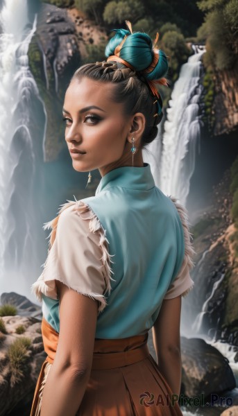 1girl,solo,looking at viewer,skirt,brown hair,shirt,black hair,hair ornament,brown eyes,jewelry,short sleeves,earrings,outdoors,parted lips,looking back,dark skin,water,hair bun,from behind,black eyes,dark-skinned female,lips,single hair bun,blue shirt,nature,forehead,brown skirt,rock,realistic,nose,waterfall,short hair,signature,torn clothes