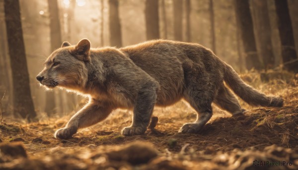 solo,outdoors,day,signature,blurry,from side,tree,no humans,depth of field,blurry background,animal,leaf,sunlight,grass,nature,forest,realistic,animal focus,full body,profile,light rays