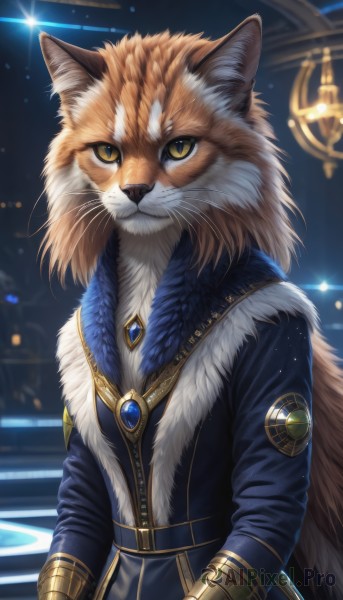 solo,looking at viewer,long sleeves,jewelry,closed mouth,standing,jacket,yellow eyes,upper body,artist name,signature,blurry,coat,fur trim,no humans,night,blurry background,animal,cat,slit pupils,blue jacket,brooch,gem,furry,fur collar,body fur,animal focus,white fur,blue coat,whiskers,blue gemstone,red gemstone,1girl,animal ears,belt,animal ear fluff