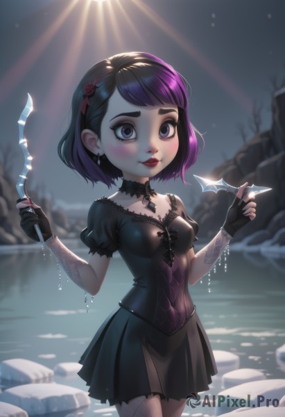 1girl,solo,breasts,looking at viewer,blush,smile,short hair,bangs,skirt,black hair,hair ornament,gloves,dress,holding,cleavage,jewelry,medium breasts,closed mouth,standing,purple eyes,collarbone,weapon,purple hair,flower,short sleeves,pantyhose,multicolored hair,cowboy shot,pleated skirt,hairband,earrings,small breasts,outdoors,parted lips,sky,choker,black gloves,puffy sleeves,shiny,artist name,fingerless gloves,black skirt,water,nail polish,holding weapon,mole,blurry,black eyes,black dress,two-tone hair,puffy short sleeves,lips,fingernails,see-through,hands up,covered navel,gradient hair,makeup,night,depth of field,blurry background,rose,thick eyebrows,knife,lipstick,fishnets,eyeshadow,dual wielding,rock,sun,red lips,holding knife,fishnet pantyhose,pleated dress,dagger,gothic,holding dagger,spider web print,fishnet gloves,blue eyes,eyelashes,pale skin,wading,lolita fashion,gothic lolita