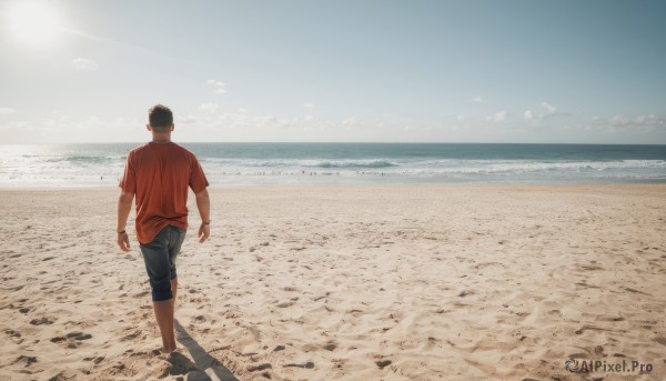 solo,short hair,shirt,black hair,1boy,short sleeves,male focus,outdoors,sky,barefoot,day,pants,cloud,water,from behind,shadow,ocean,beach,denim,t-shirt,red shirt,scenery,walking,jeans,sand,horizon,wide shot,shore,footprints,pants rolled up,shorts,blue sky,sun,facing away