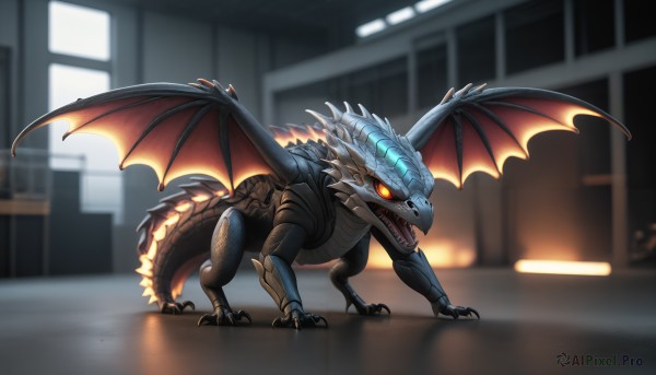 HQ,solo,open mouth,standing,tail,full body,yellow eyes,wings,teeth,indoors,blurry,orange eyes,no humans,window,blurry background,glowing,fangs,sharp teeth,glowing eyes,claws,monster,dragon,scales,dinosaur,kaijuu