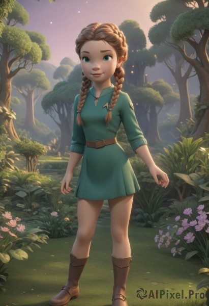 1girl,solo,long hair,breasts,looking at viewer,smile,blue eyes,brown hair,long sleeves,dress,twintails,closed mouth,green eyes,standing,full body,braid,flower,small breasts,boots,outdoors,belt,artist name,signature,twin braids,tree,lips,leaf,watermark,brown footwear,short dress,sunlight,grass,plant,child,nature,hair over shoulder,web address,buckle,forest,backlighting,freckles,legs apart,green dress,sunset,green shirt,arms at sides,female child,brown belt,path,leather boots,knee boots,aged down,pink flower,bush