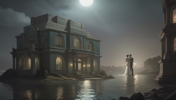 1girl,long hair,short hair,brown hair,black hair,1boy,dress,standing,hetero,outdoors,sky,cloud,water,tree,night,moon,couple,building,night sky,scenery,full moon,reflection,church,pants,white dress,window,formal,suit,kiss,veil,wedding dress,bridal veil,bride,husband and wife,wedding,arch,groom