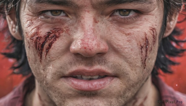 solo,looking at viewer,short hair,open mouth,black hair,1boy,brown eyes,male focus,parted lips,teeth,blurry,lips,blood,facial hair,scar,portrait,red background,close-up,injury,blood on face,realistic,stubble,smile,shirt,hat,red shirt,scar on face,scar across eye,manly,scar on cheek