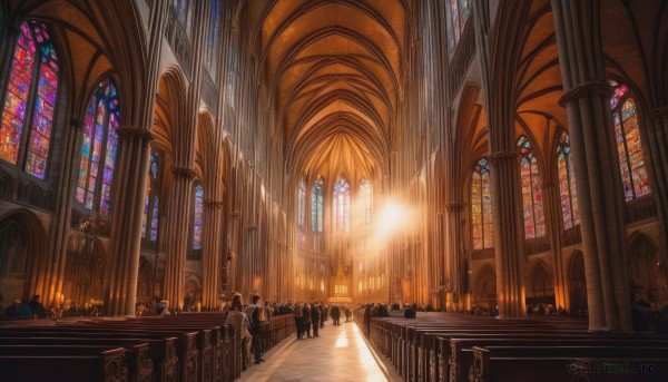 multiple boys,indoors,window,sunlight,fire,scenery,6+boys,light rays,stairs,light,candle,architecture,pillar,statue,crowd,stained glass,church,arch,chandelier,column,vanishing point,multiple girls,blonde hair,standing,6+girls,walking