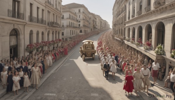 short hair,multiple girls,brown hair,dress,flower,outdoors,multiple boys,day,white dress,tree,6+girls,ground vehicle,building,scenery,motor vehicle,walking,6+boys,robe,city,car,road,house,street,statue,crowd,people,crosswalk,6+others,sky,shadow,plant,child,cloak,fantasy,architecture,town,pavement