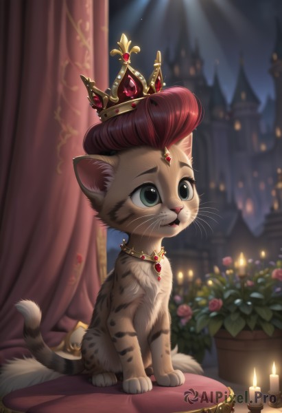 solo,blue eyes,jewelry,sitting,closed mouth,green eyes,full body,flower,red hair,sky,artist name,indoors,necklace,blurry,pillow,no humans,window,night,blurry background,rose,animal,cat,crown,plant,curtains,red flower,gem,furry,potted plant,candle,animal focus,cushion,castle,vase,canopy bed,moon,fire,night sky,whiskers,rug