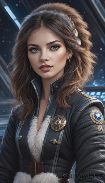 1girl,solo,long hair,breasts,looking at viewer,brown hair,brown eyes,jewelry,jacket,upper body,hairband,earrings,parted lips,teeth,belt,lips,fur trim,makeup,freckles,curly hair,realistic,nose,leather,small breasts,open clothes,uniform,open jacket,black jacket,eyelashes,lipstick,emblem,badge,leather jacket