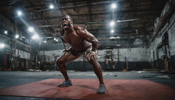 solo,open mouth,1boy,standing,full body,male focus,multiple boys,shoes,shorts,teeth,indoors,dark skin,leaning forward,muscular,facial hair,dark-skinned male,muscular male,sneakers,beard,topless male,realistic,mustache,bald,photo background,leg hair,ceiling light,gym,short hair,shirt,underwear,sweat,solo focus,tongue,parody,tank top,6+boys,male underwear,shouting,screaming,briefs