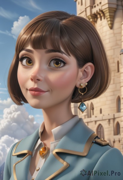 1girl,solo,looking at viewer,smile,short hair,bangs,brown hair,shirt,brown eyes,jewelry,closed mouth,jacket,white shirt,upper body,earrings,outdoors,sky,day,collared shirt,artist name,cloud,blunt bangs,blue sky,lips,eyelashes,makeup,bob cut,cloudy sky,blue jacket,brooch,building,gem,portrait,freckles,realistic,nose,mascara,necklace