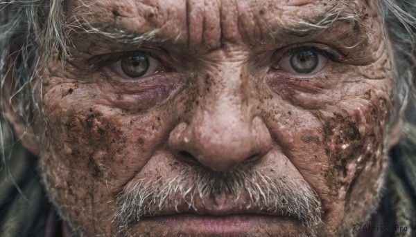 solo,looking at viewer,1boy,brown eyes,closed mouth,white hair,grey hair,male focus,blurry,facial hair,portrait,beard,close-up,realistic,mustache,old,dirty,old man,eye focus,wrinkled skin,grey eyes,serious